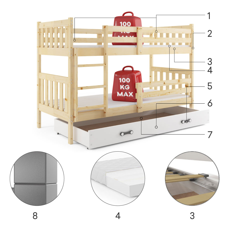 KACPER poschodová posteľ pre tínedžerov, 90X190, s matracom a zásuvkou, borovica/biela