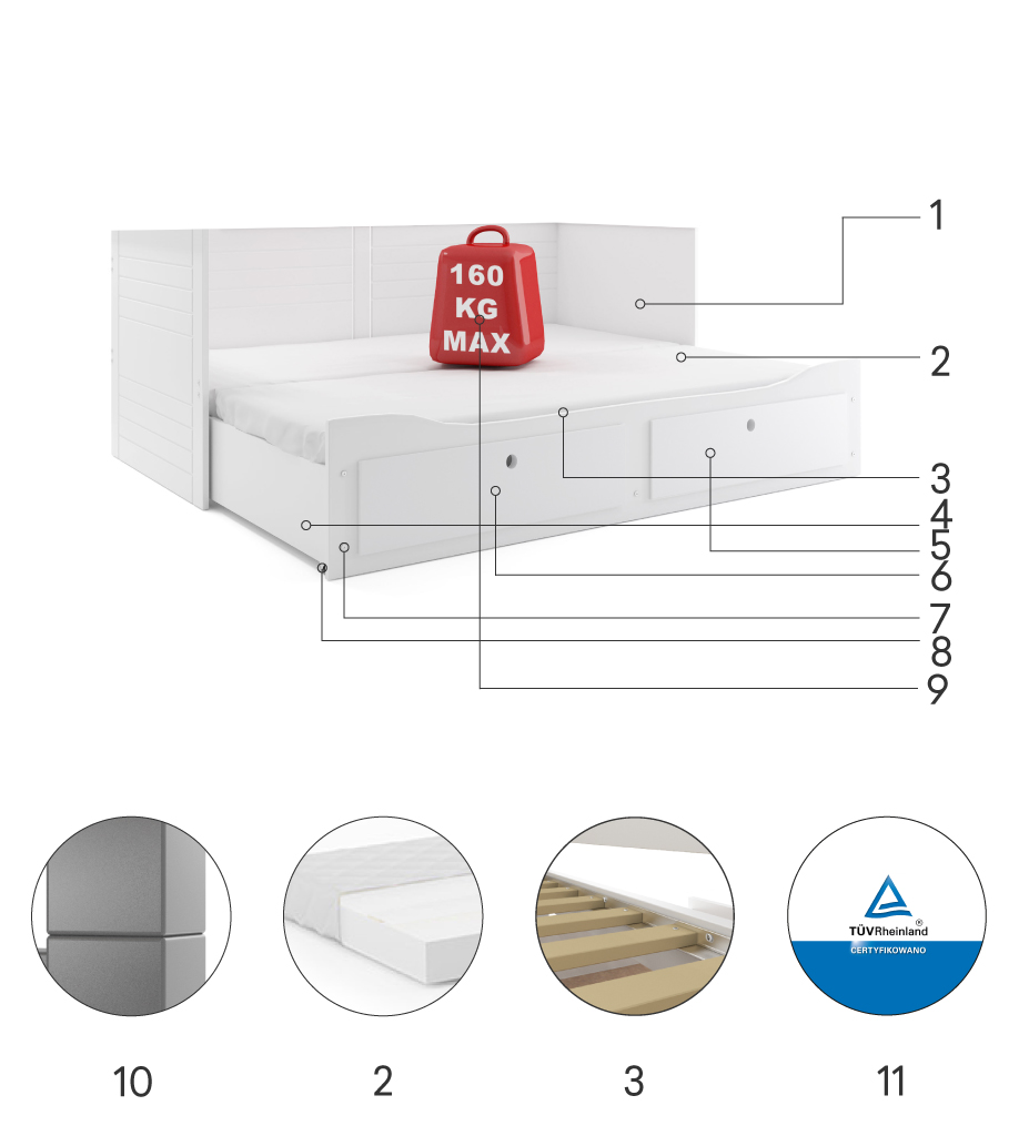 Komponenty pre manželskú rozkladaciu posteľ HERMES 80X200 s matracom a zásuvkou, biela