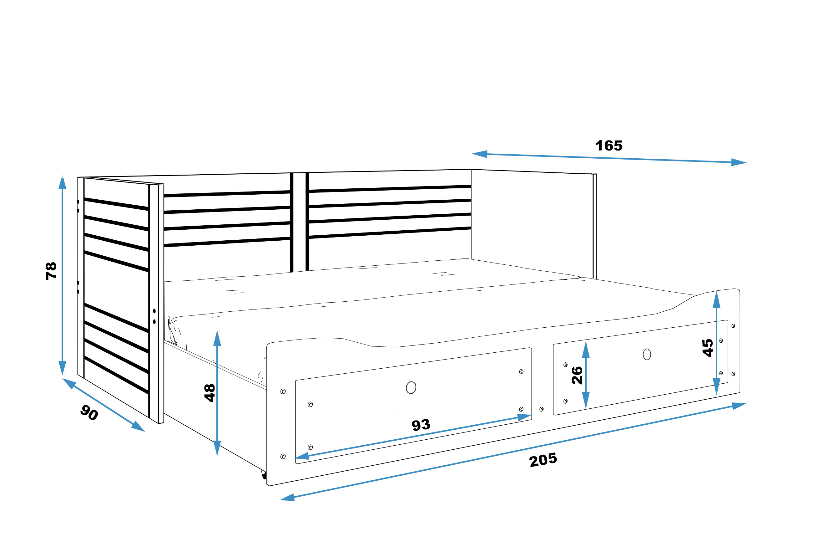 Rozmery a špecifikácie pre manželskú rozkladaciu posteľ HERMES 80X200 s matracom a zásuvkou, biela