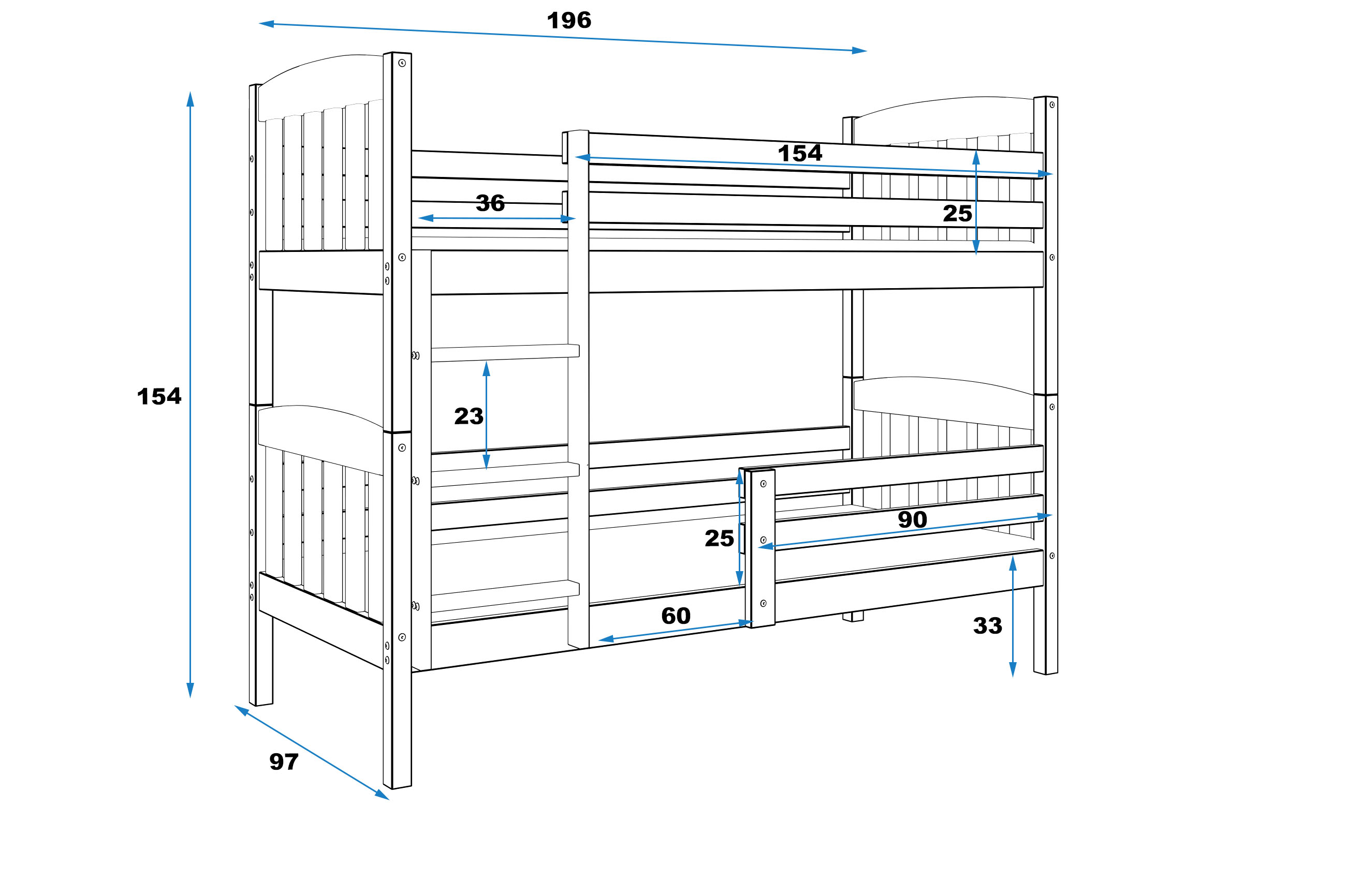 Rozmery a špecifikácie pre Youth poschodová posteľ KUBUŚ 80X190, biela