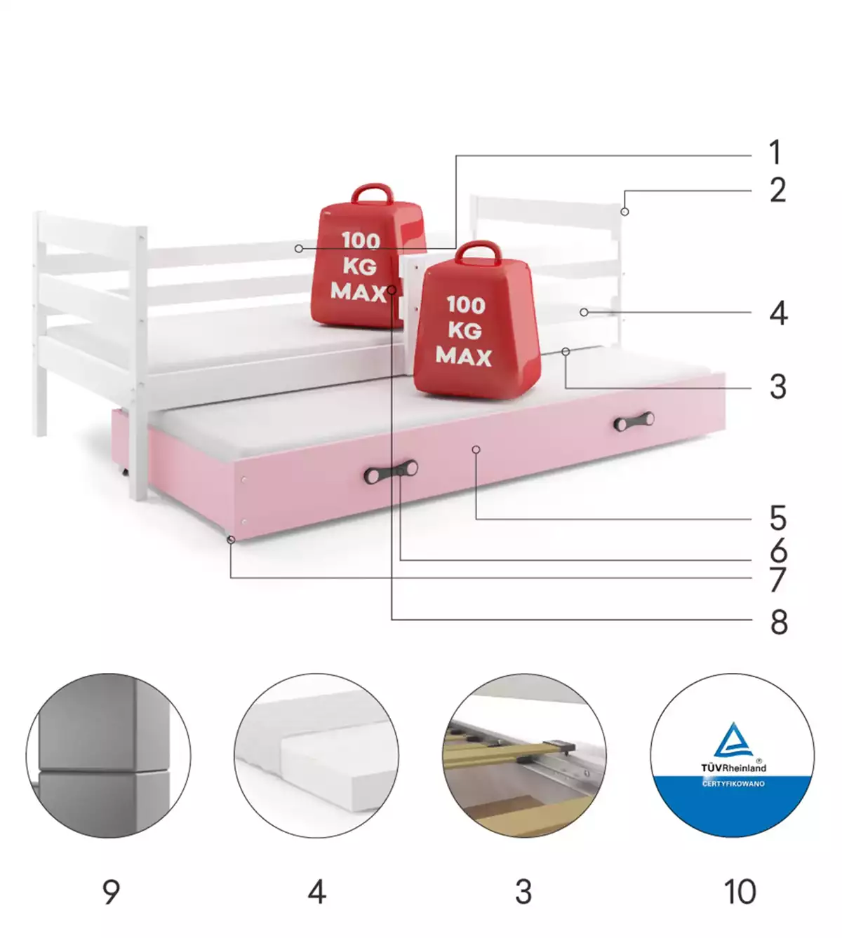 Composants pour Lit ado gigogne Éric 90X190 avec matelas et tiroir, blanc/rose Composants pour Lit ado gigogne Éric 90X190 avec matelas et tiroir, blanc/rose