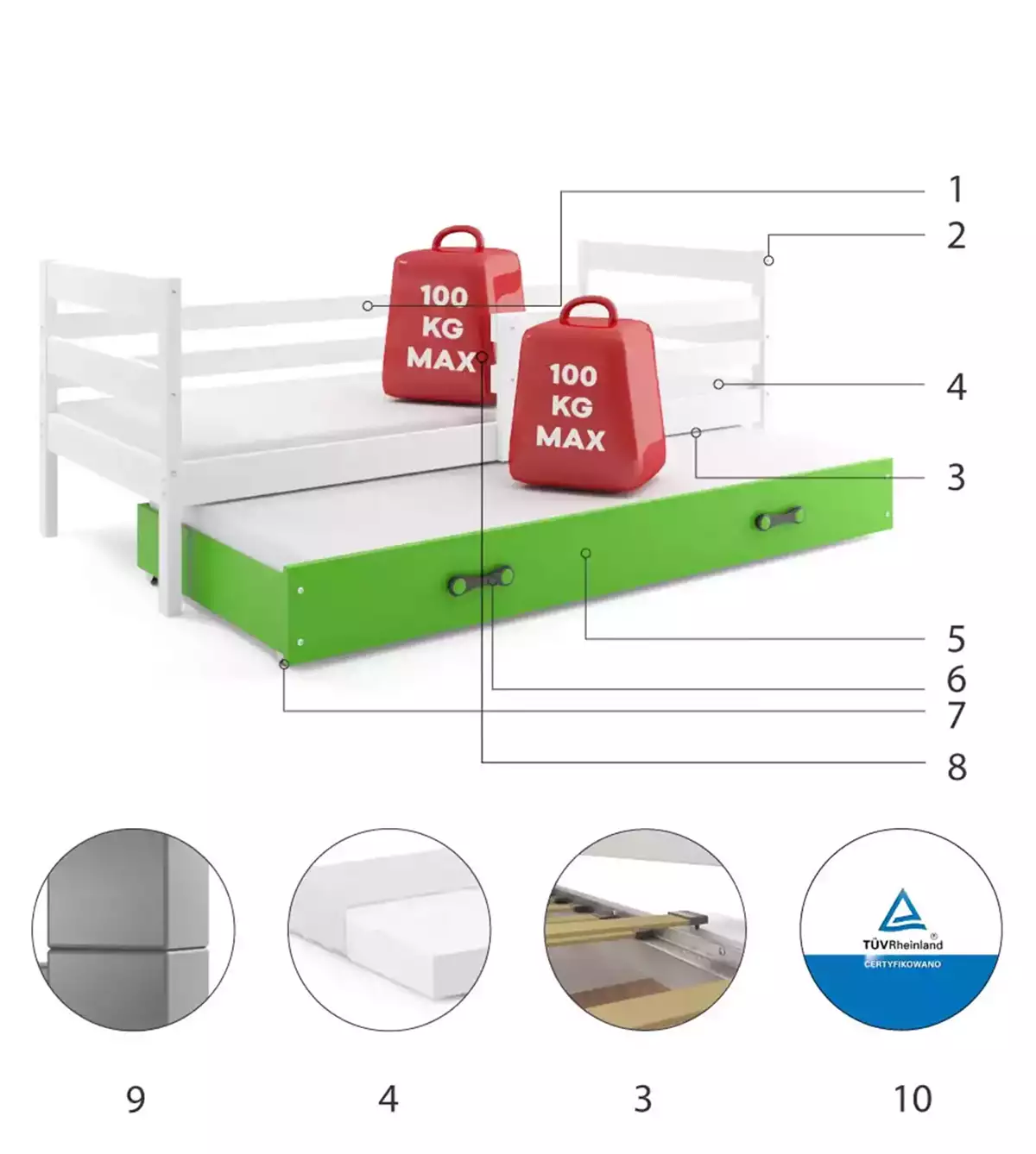 Composants pour Lit ado gigogne Éric 90X190 avec matelas et tiroir, blanc/vert