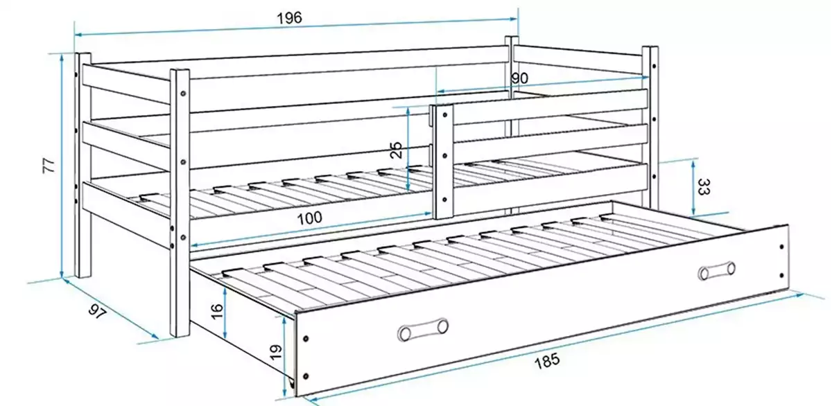 Dimensions et spécifications pour Lit ado gigogne Éric 90X190 avec matelas et tiroir, gris
