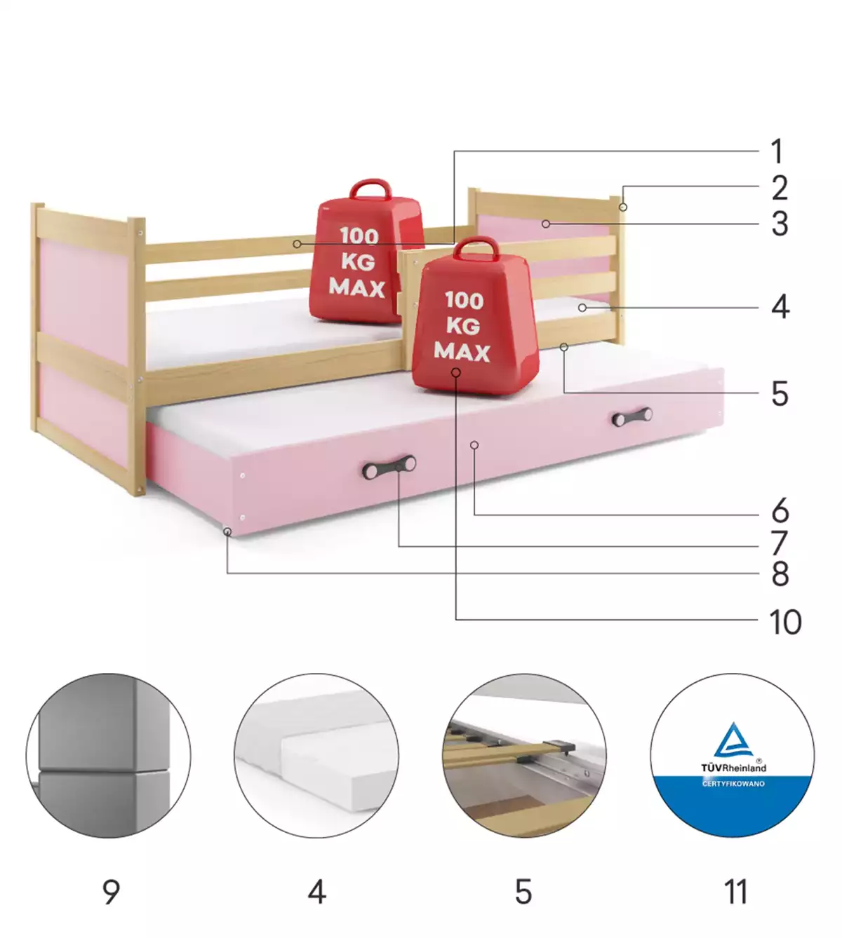 Composants pour Lit ado gigogne Rico 90X190 avec matelas et tiroir, pin/rose Composants pour Lit ado gigogne Rico 90X190 avec matelas et tiroir, pin/rose