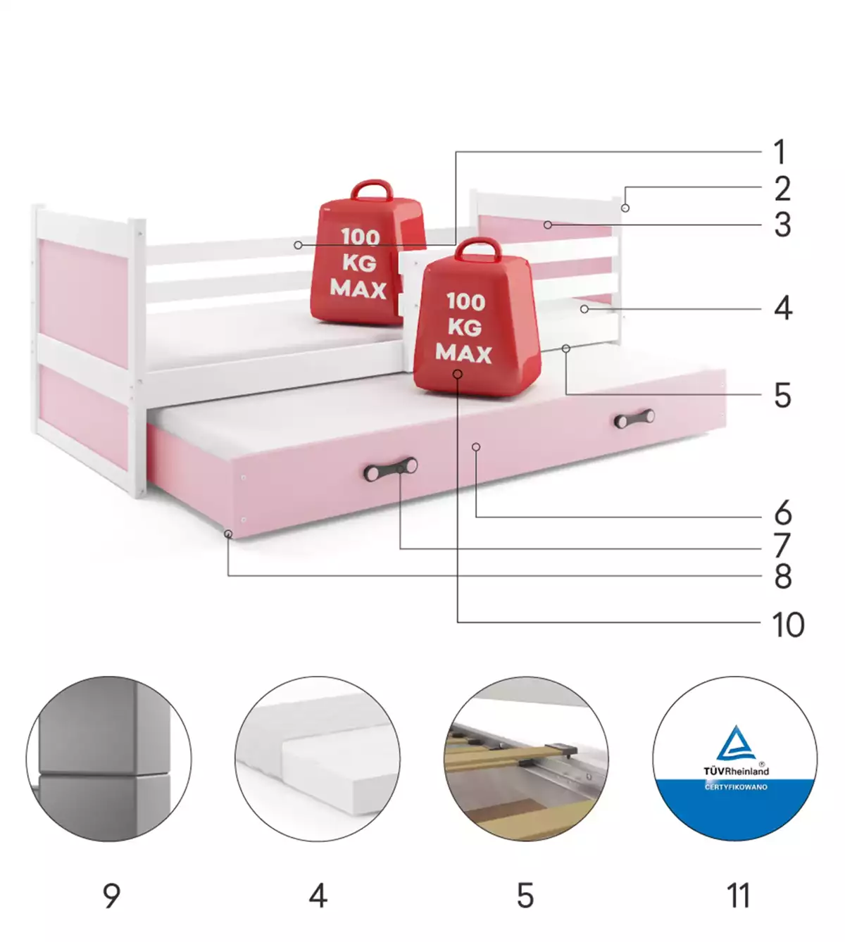 Composants pour Lit ado gigogne Rico 90X190 avec tiroir, blanc/rose