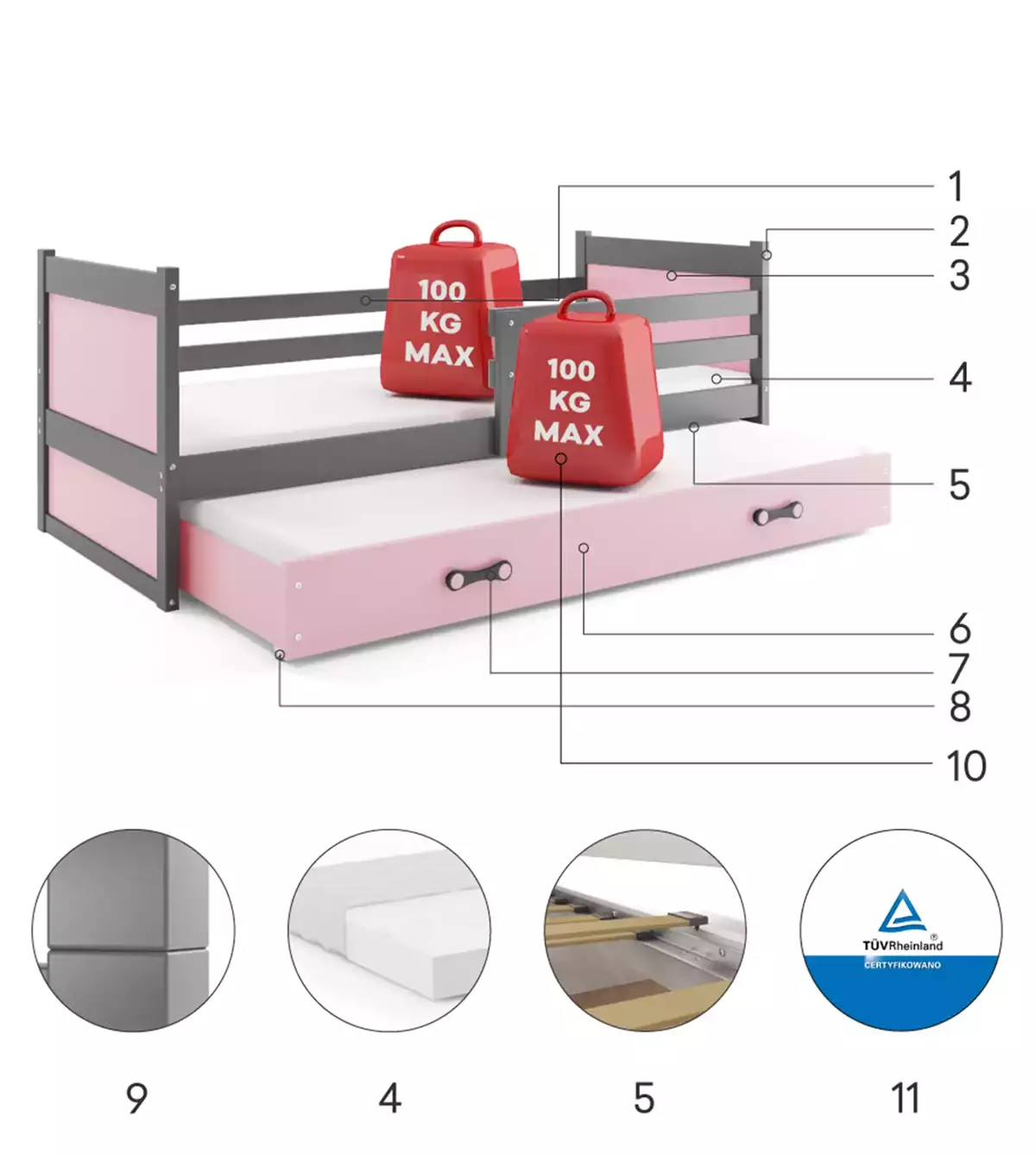 Composants pour Lit ado gigogne Rico 90X190 avec tiroir, gris/rose Composants pour Lit ado gigogne Rico 90X190 avec tiroir, gris/rose