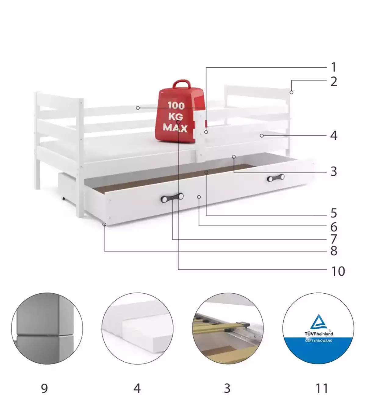 Composants pour Lit ado simple Éric 90X190 avec matelas et tiroir, blanc