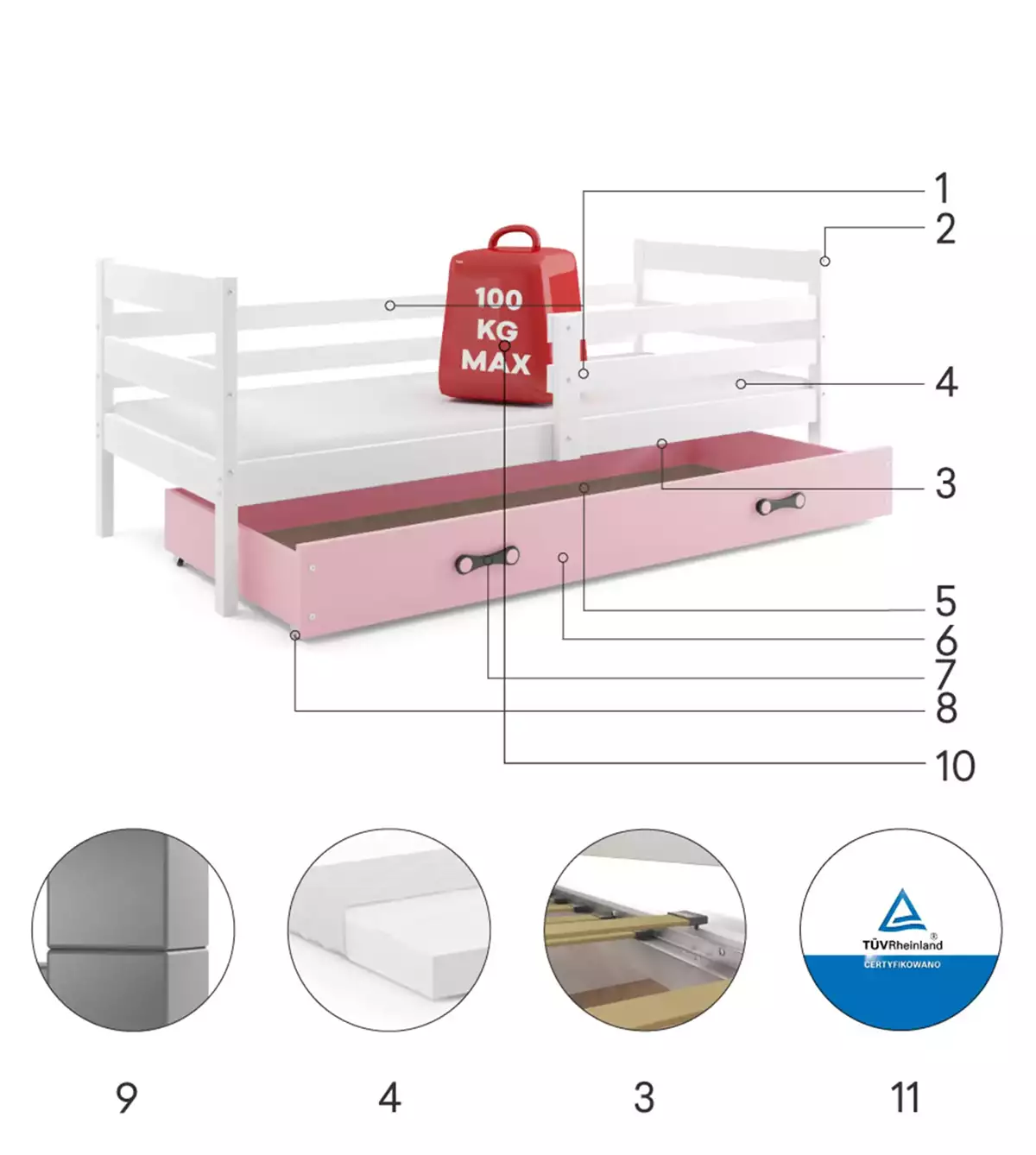 Composants pour Lit ado simple Éric 90X190 avec matelas et tiroir, blanc/rose Composants pour Lit ado simple Éric 90X190 avec matelas et tiroir, blanc/rose