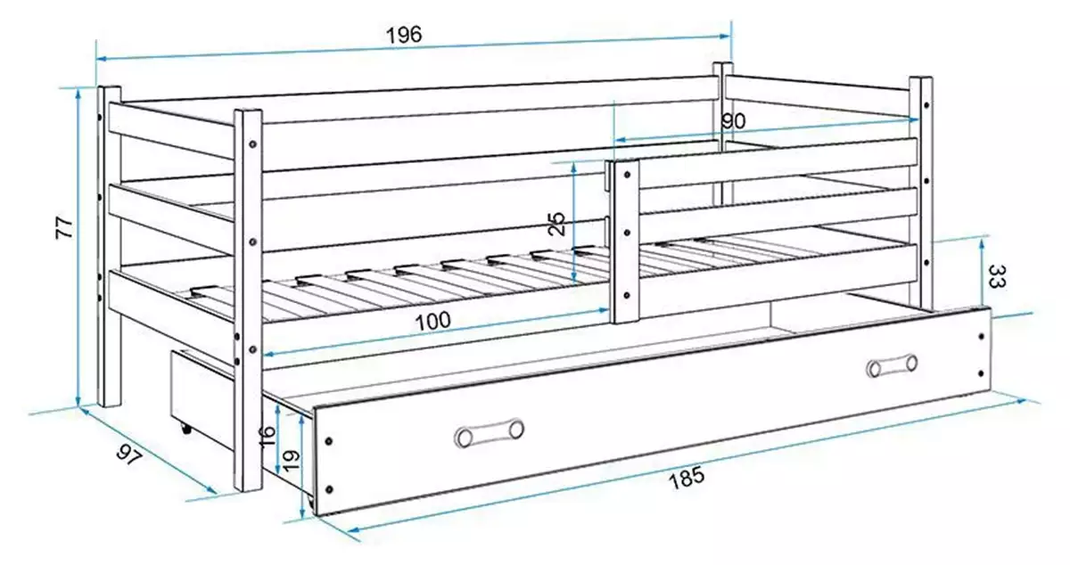 Dimensions et spécifications pour Lit ado simple Éric 90X190 avec matelas et tiroir, pin/blanc Dimensions et spécifications pour Lit ado simple Éric 90X190 avec matelas et tiroir, pin/blanc