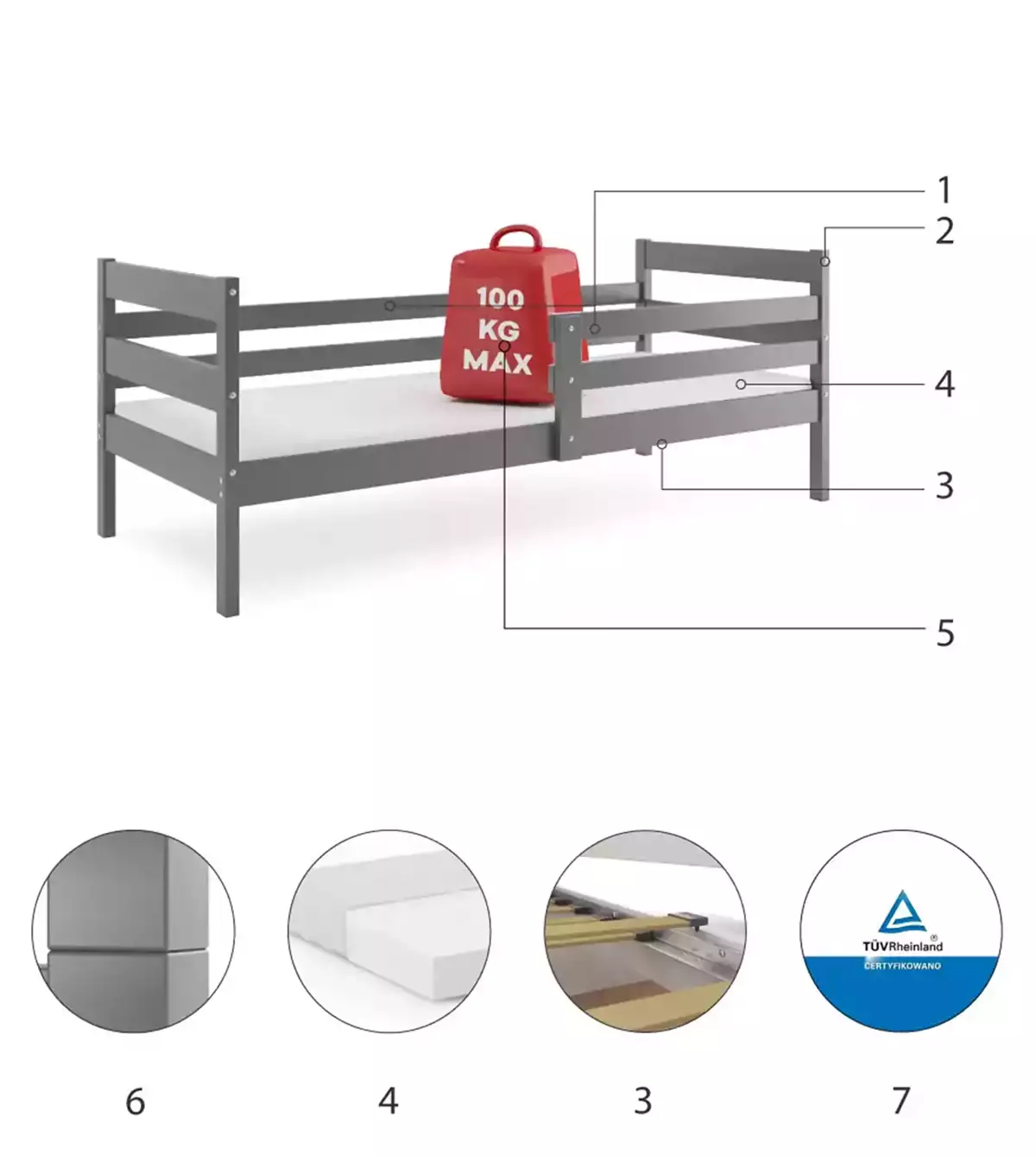 Composants pour Lit ado simple Éric 90X190 avec matelas, gris