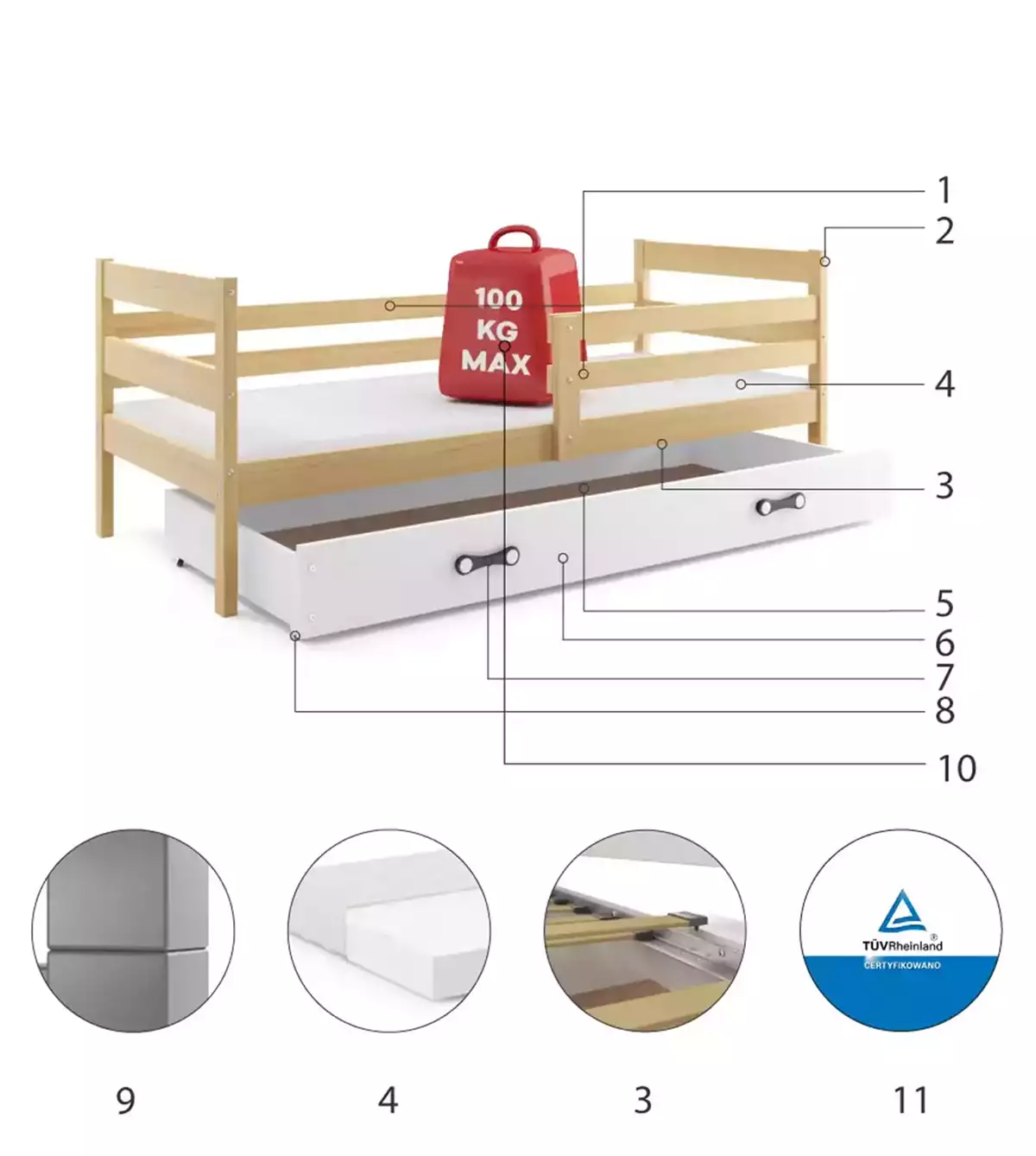 Composants pour Lit ado simple Éric 90X190 avec tiroir, pin/blanc