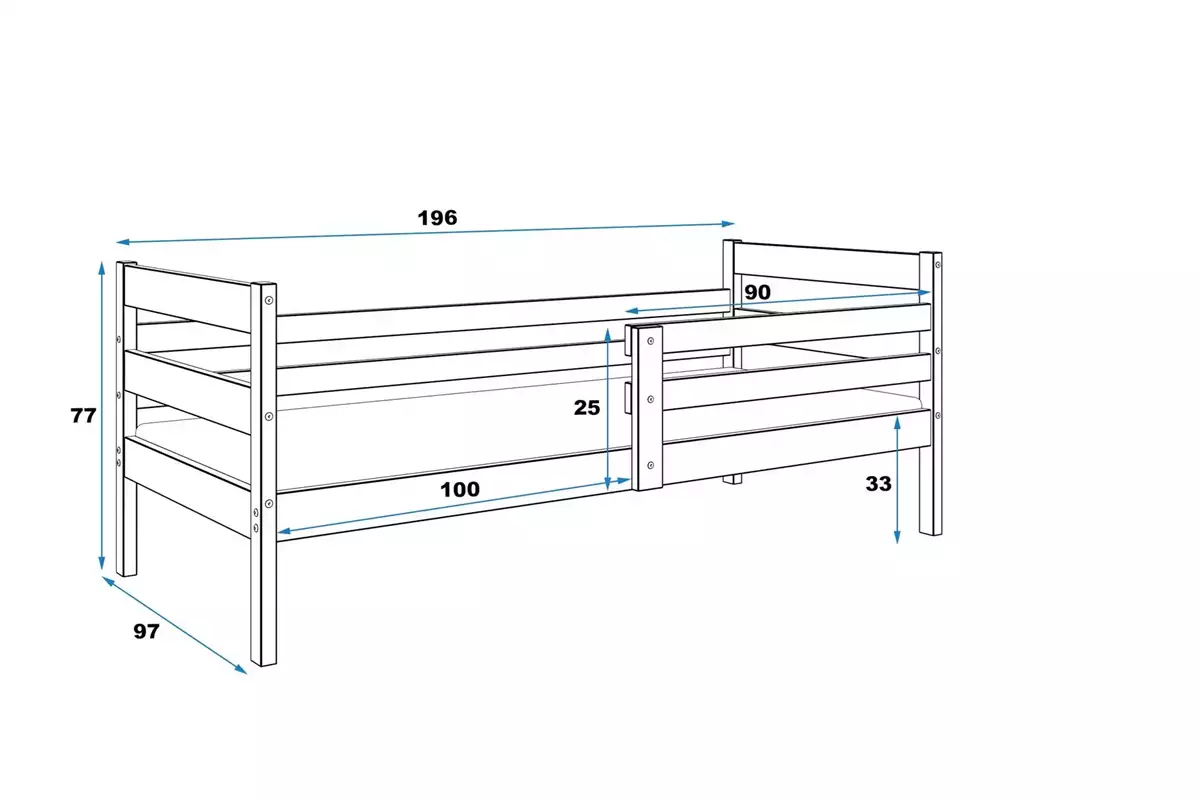 Dimensions et spécifications pour Lit ado simple Éric 90X190, pin