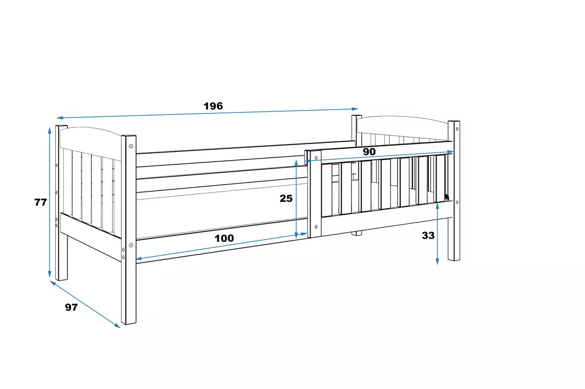 Dimensions et spécifications pour Lit ado simple Jacquot 90X190, pin