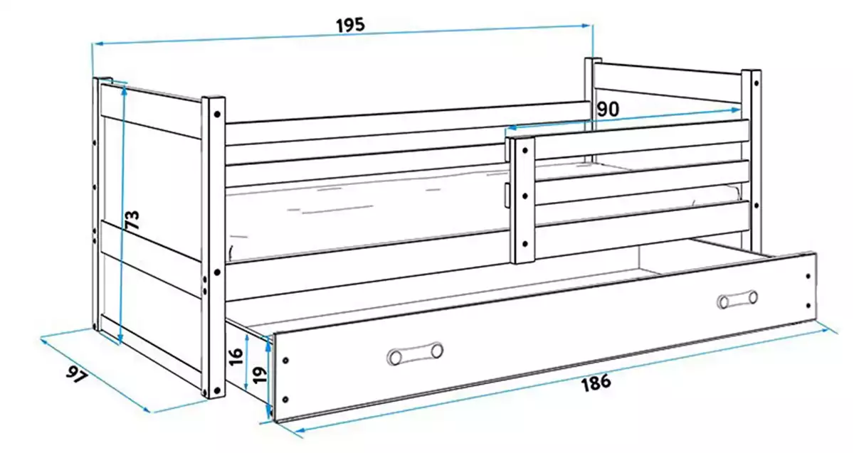Dimensions et spécifications pour Lit ado simple Rico 90X190 avec matelas et tiroir, blanc/gris