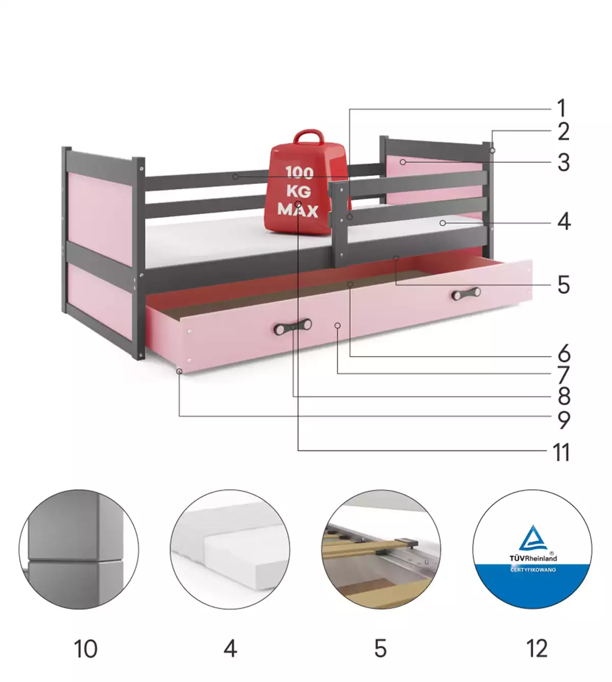 Composants pour Lit ado simple Rico 90X190 avec matelas et tiroir, gris/rose Composants pour Lit ado simple Rico 90X190 avec matelas et tiroir, gris/rose