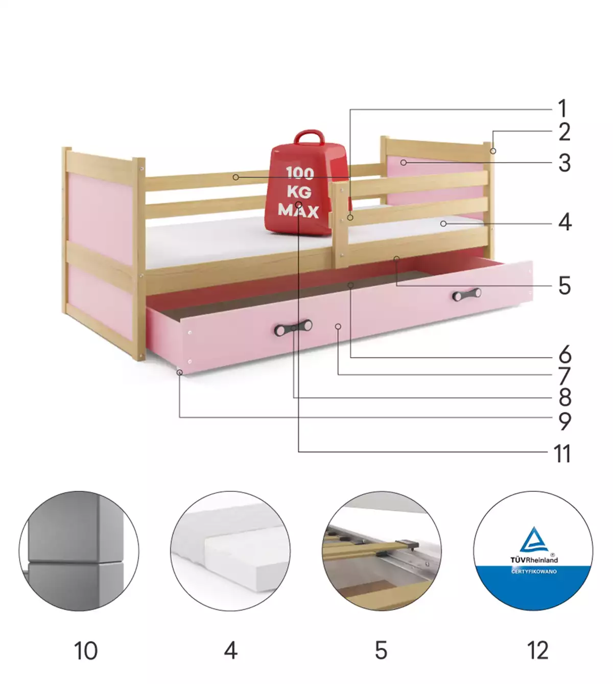 Composants pour Lit ado simple Rico 90X190 avec matelas et tiroir, pin/rose