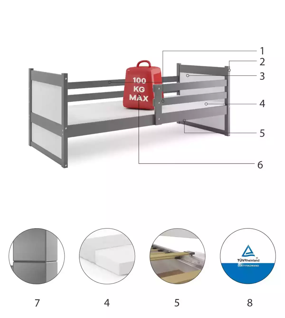 Composants pour Lit ado simple Rico 90X190 avec matelas, gris/blanc