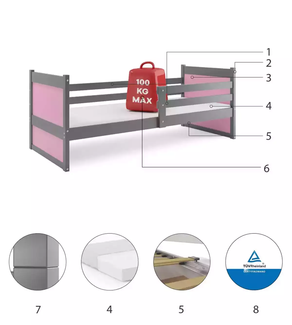 Composants pour Lit ado simple Rico 90X190, gris/rose