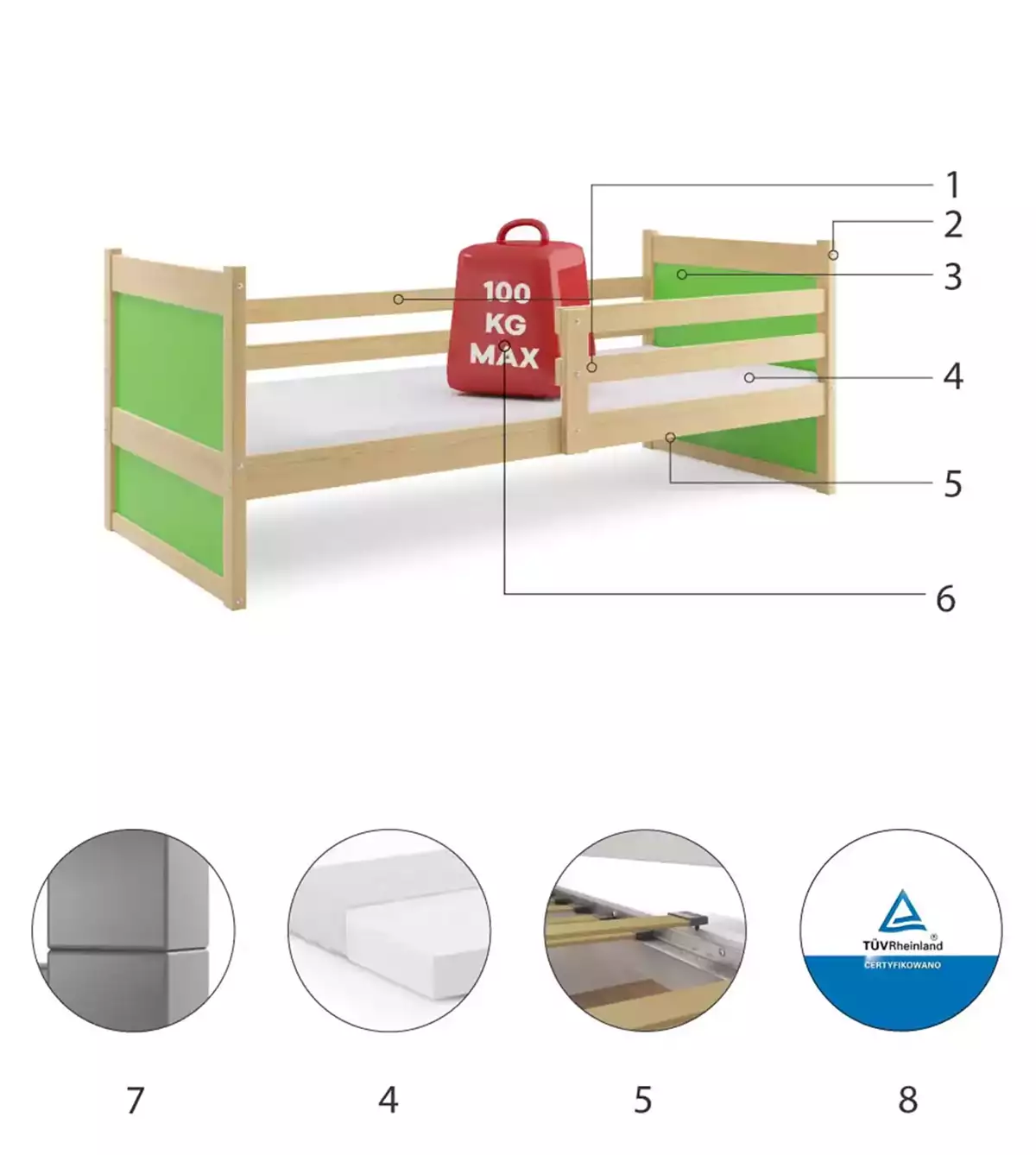 Composants pour Lit ado simple Rico 90X190, pin/vert