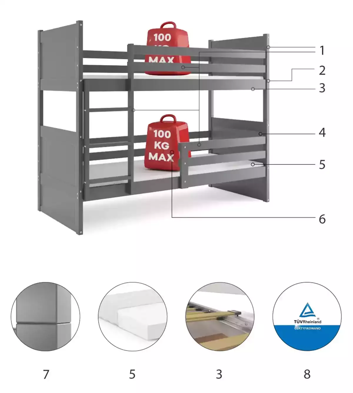 Technické údaje Poschodová posteľ RICO 90X190 pre tínedžerov, grafitová