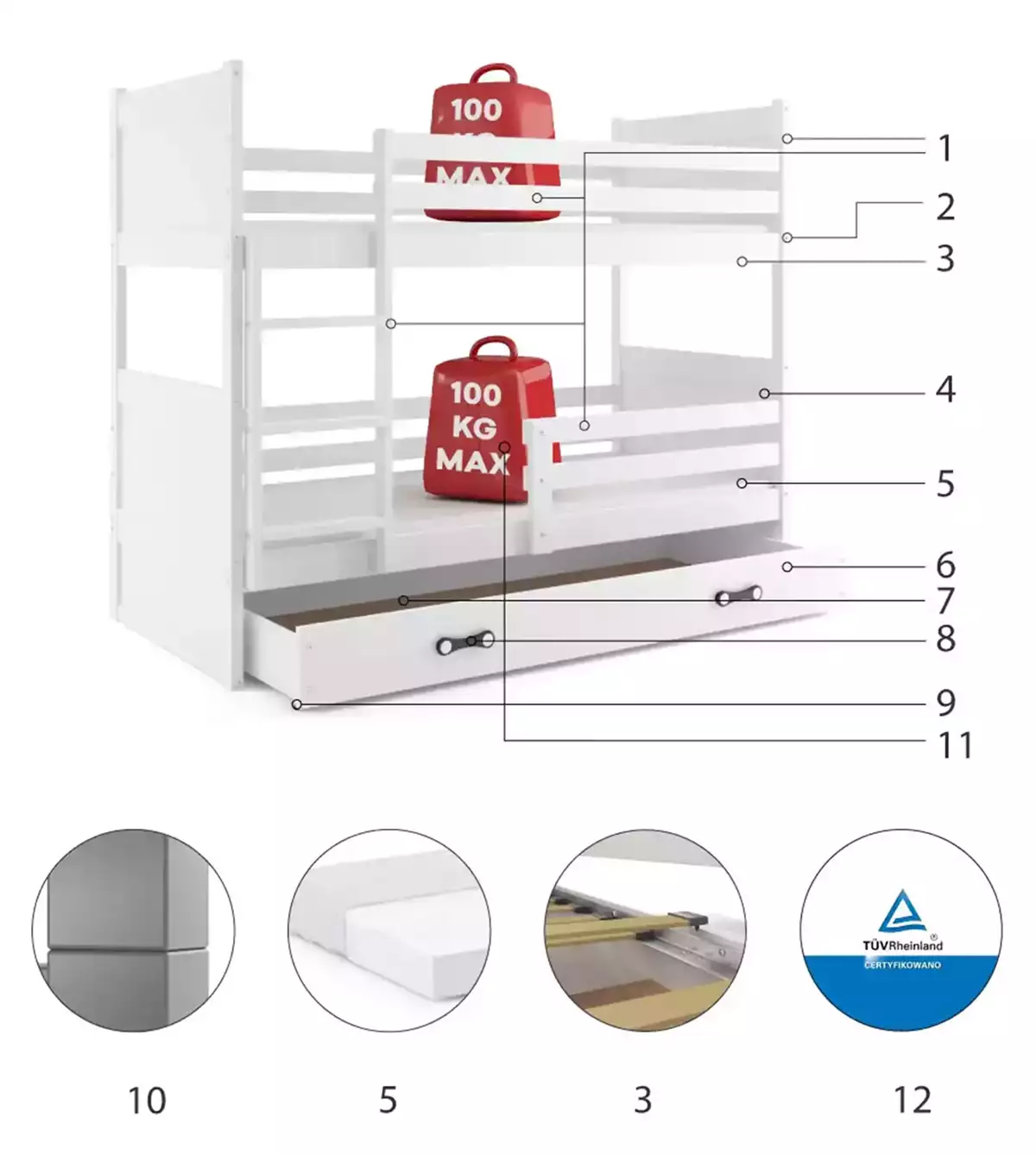 Technické údaje Poschodová posteľ RICO 90X190 pre tínedžerov so zásuvkou, biela