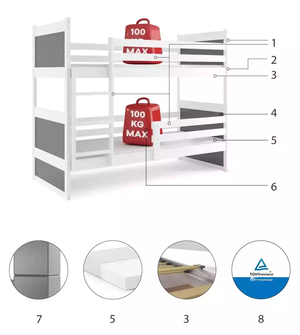 Technické údaje Poschodová posteľ RICO 90X190 pre tínedžerov, biela/grafit