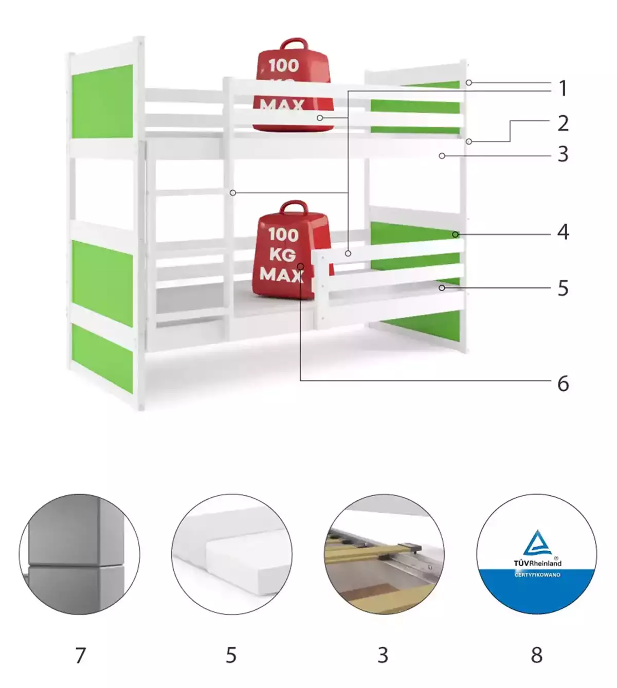 Technické údaje RICO poschodová posteľ pre tínedžerov 90X190, biela/zelená