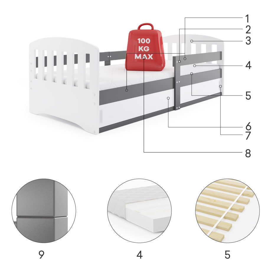 Komponenty pre jednolôžkovú detskú posteľ CLASSIC 80X160 s matracom a úložným priestorom, grafit
