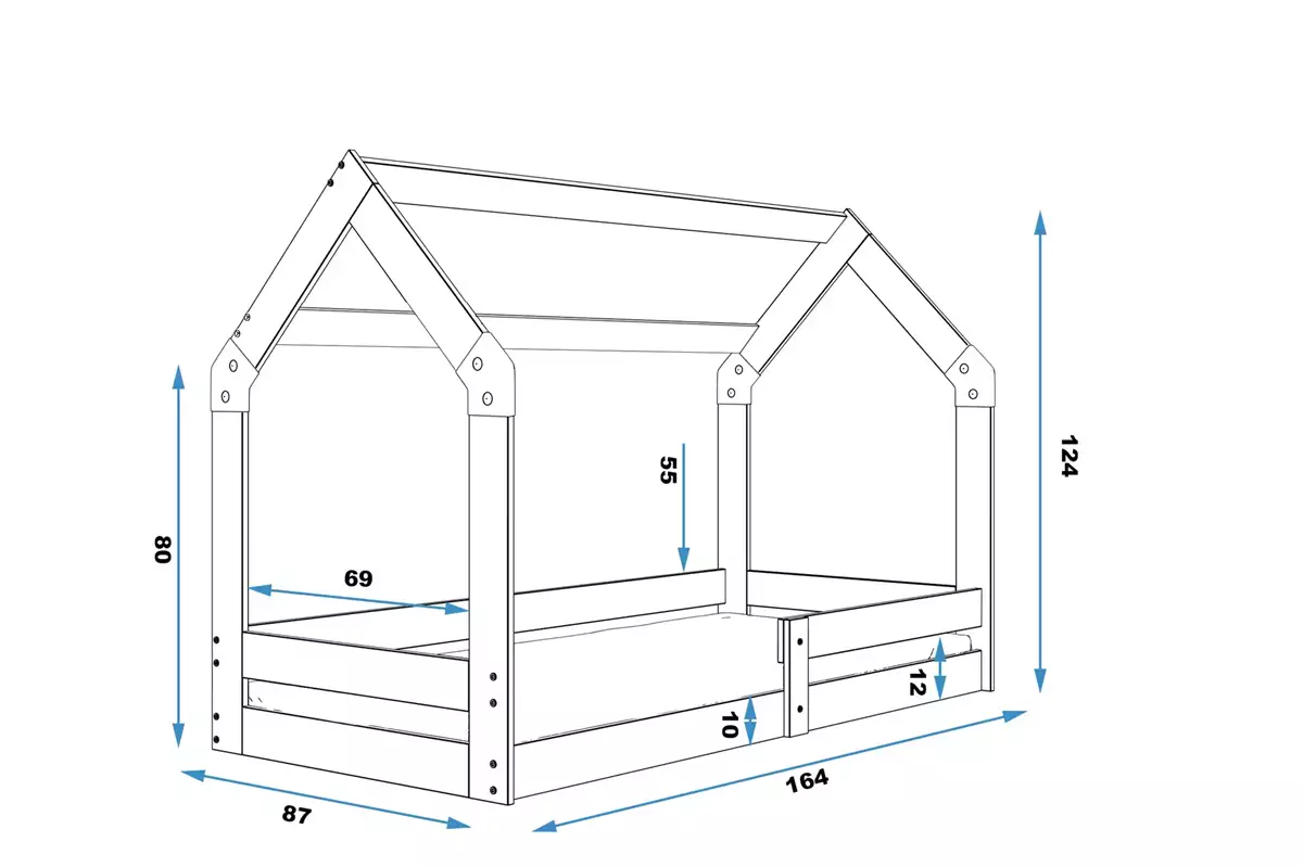 Rozmery a špecifikácie pre Jednolôžková detská posteľ HOUSE 1 80X160, borovica Rozmery a špecifikácie pre Jednolôžková detská posteľ HOUSE 1 80X160, borovica