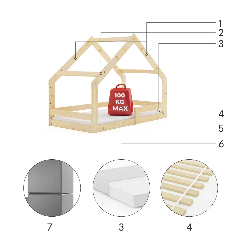 Komponenty pre jednolôžkovú detskú posteľ HOUSE 80X160, prírodné drevo