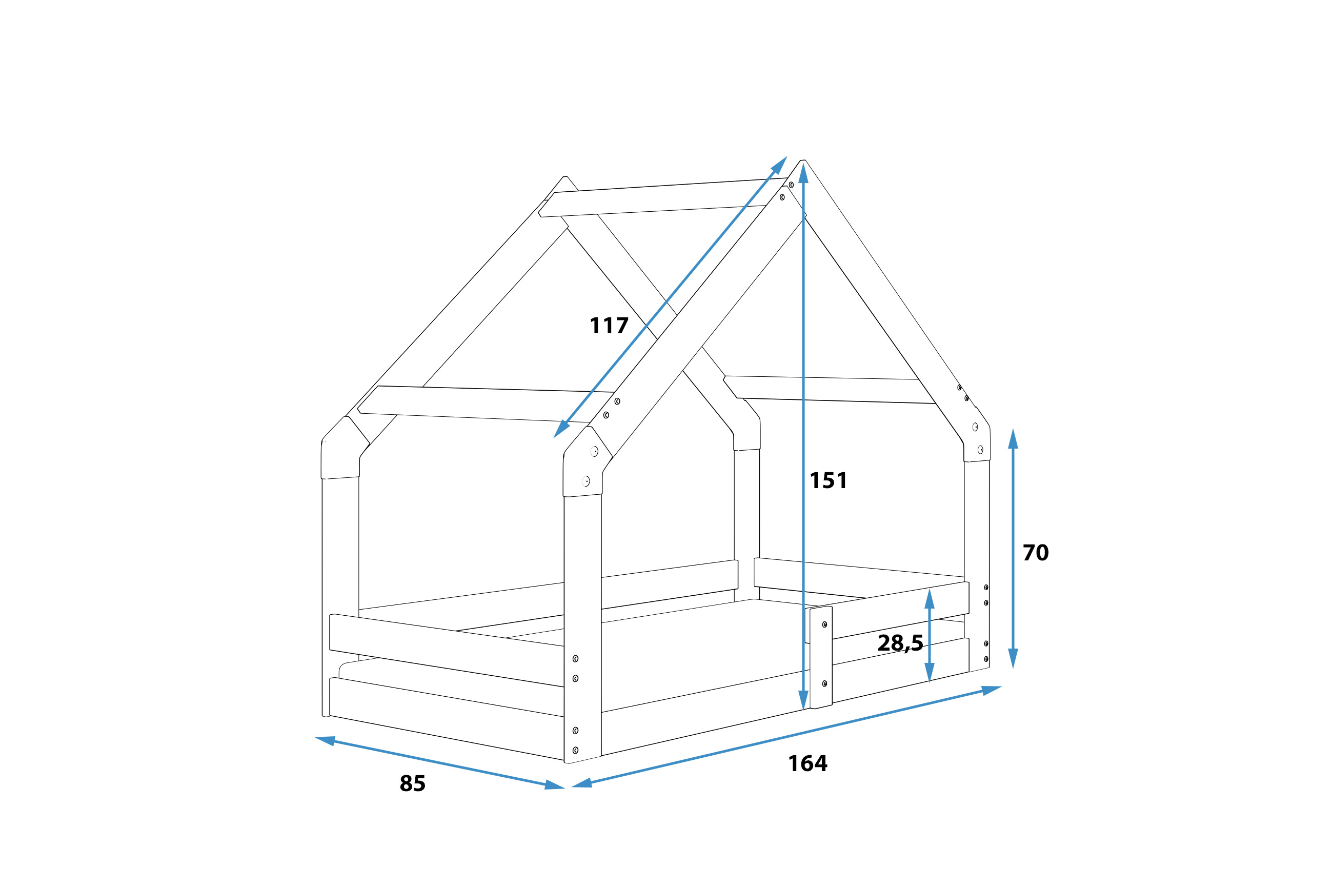 Rozmery a špecifikácie pre jednolôžkovú detskú posteľ HOME 80X160, prírodné drevo