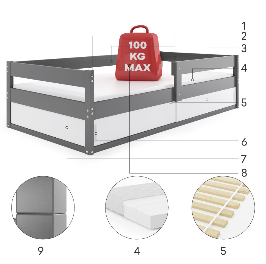 Komponenty pre jednolôžkovú detskú posteľ HUGO 80X160 s matracom a úložným priestorom, grafit