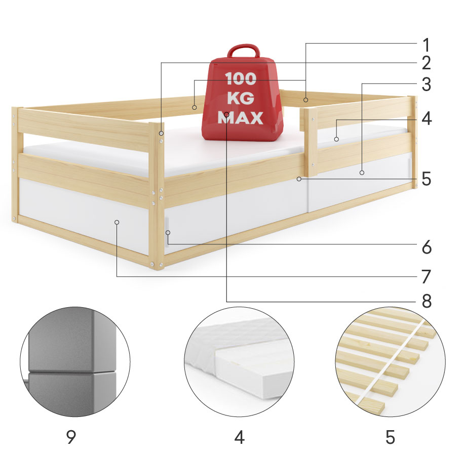 Komponenty pre jednolôžkovú detskú posteľ HUGO 80X160 s matracom a úložným priestorom, borovica