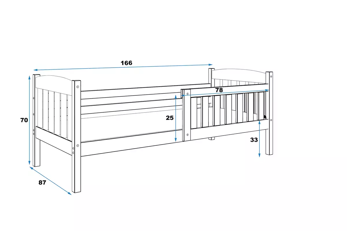 Rozmery a špecifikácie pre jednolôžkovú detskú posteľ KUBUŚ 80X160, grafit Rozmery a špecifikácie pre jednolôžkovú detskú posteľ KUBUŚ 80X160, grafit