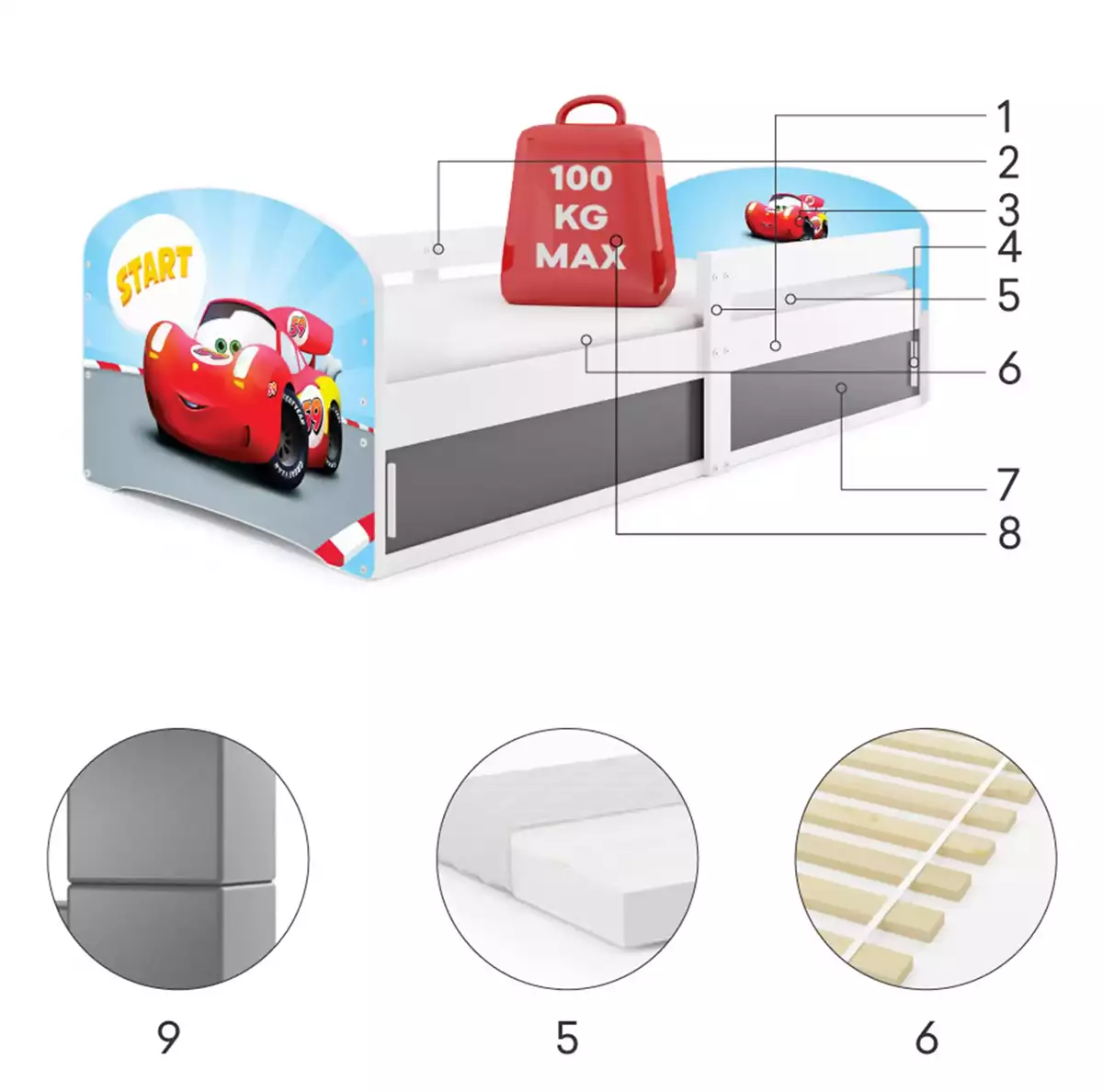 Komponenty pre Jednolôžkovú detskú posteľ LUKI 1 80X160 s úložným priestorom, Auto, biela