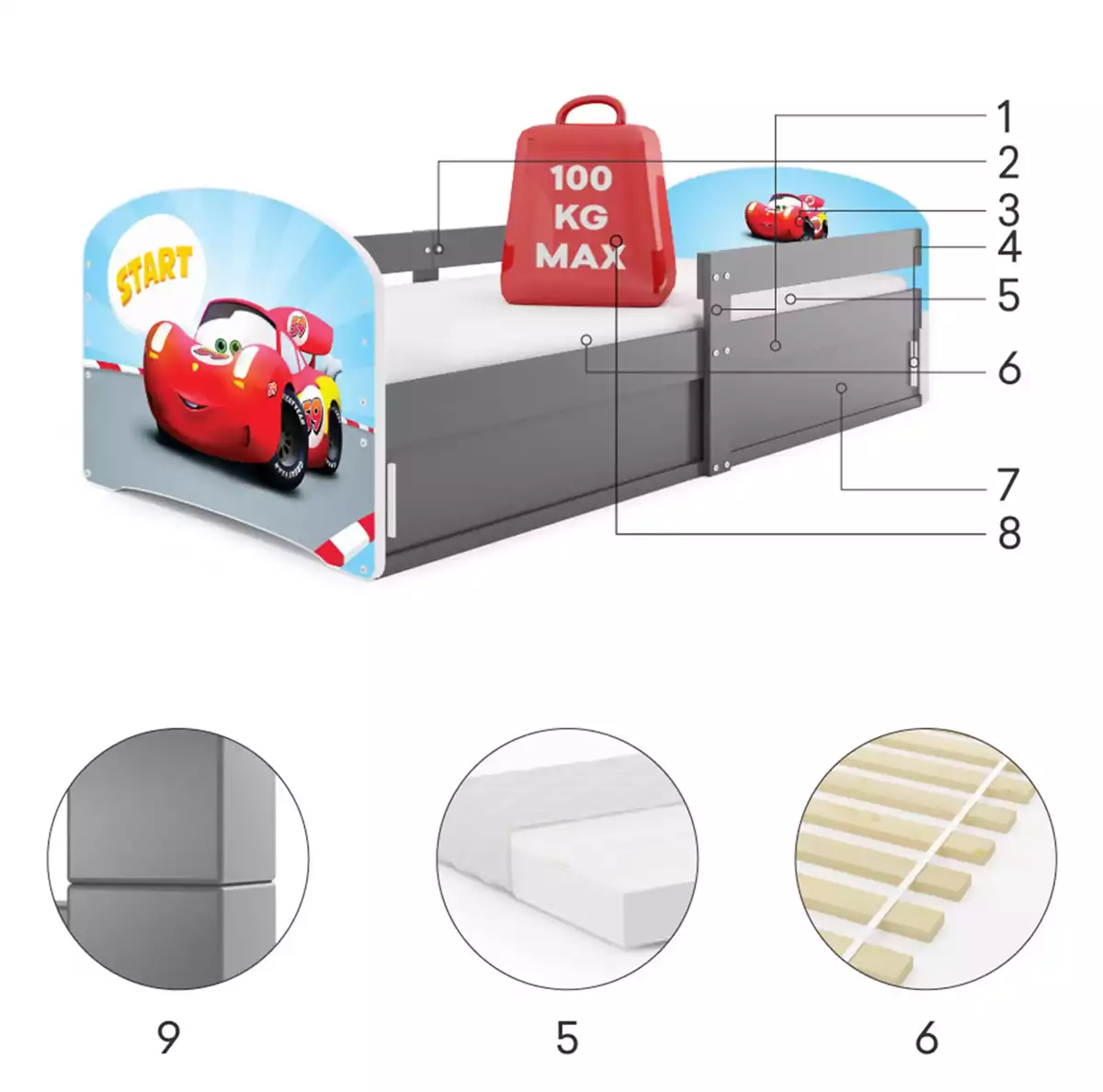 Komponenty pre Jednolôžkovú detskú posteľ LUKI 1 80X160 s úložným priestorom, Auto, grafit Komponenty pre Jednolôžkovú detskú posteľ LUKI 1 80X160 s úložným priestorom, Auto, grafit