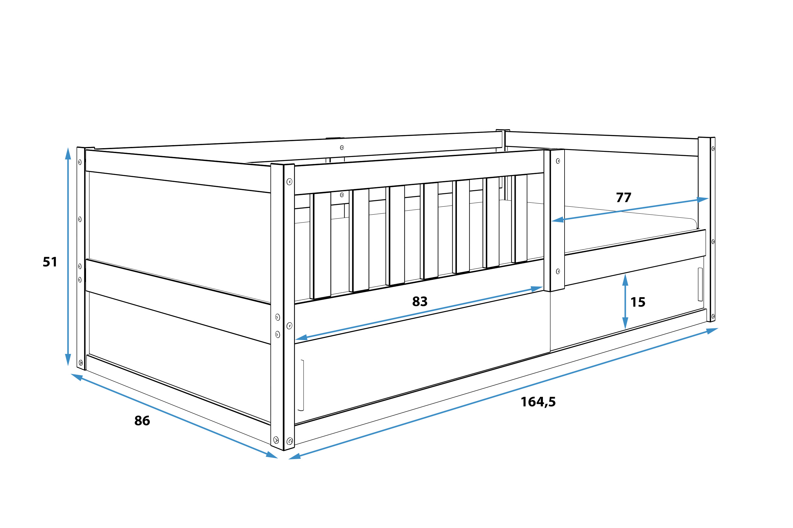 Rozmery a špecifikácie pre jednolôžkovú detskú posteľ SMART 2 80X160 s matracom a úložným priestorom, prírodné drevo Rozmery a špecifikácie pre jednolôžkovú detskú posteľ SMART 2 80X160 s matracom a úložným priestorom, prírodné drevo