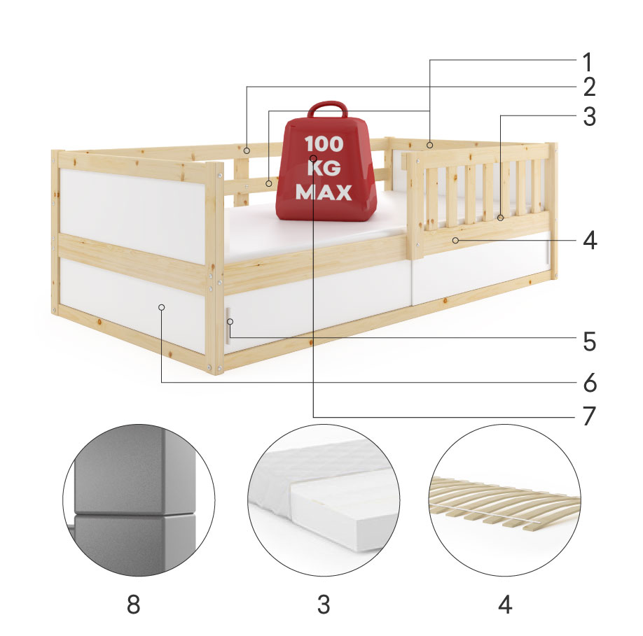 Komponenty pre jednolôžkovú detskú posteľ SMART 2 80X160 s matracom a úložným priestorom, prírodné drevo Komponenty pre jednolôžkovú detskú posteľ SMART 2 80X160 s matracom a úložným priestorom, prírodné drevo