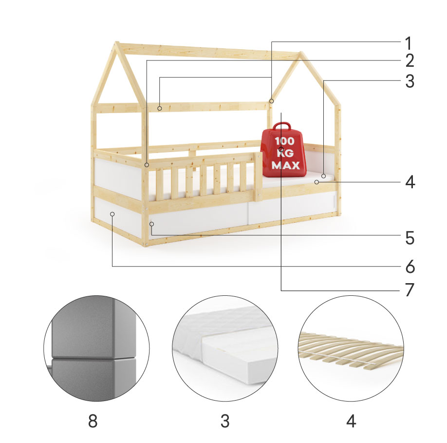 Komponenty pre jednolôžkovú detskú posteľ SMART 2 HOUSE 80X160 s úložným priestorom, prírodné drevo