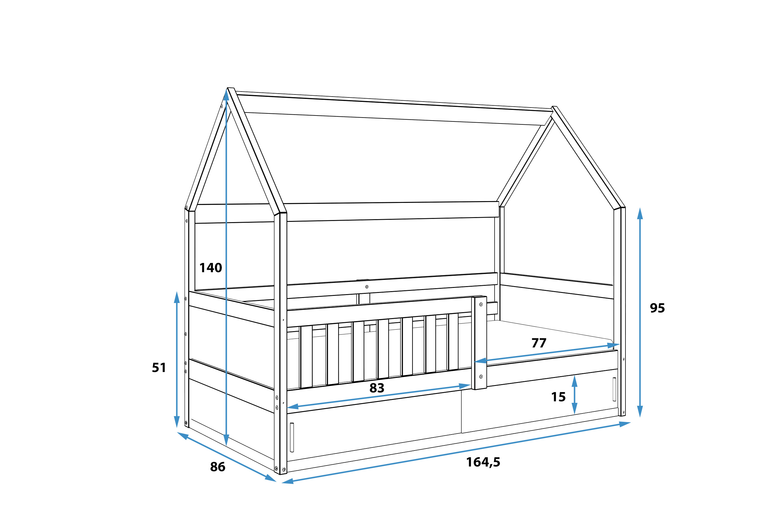 Rozmery a špecifikácie pre jednolôžkovú detskú posteľ SMART 2 HOUSE 80X160 s úložným priestorom, prírodné drevo