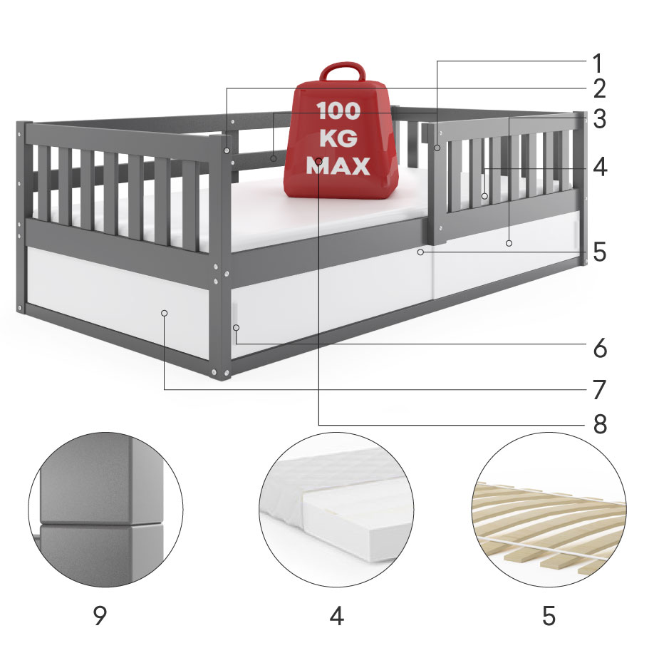 Komponenty pre SMART jednolôžkovú detskú posteľ 80X160 s matracom a úložným priestorom, grafit
