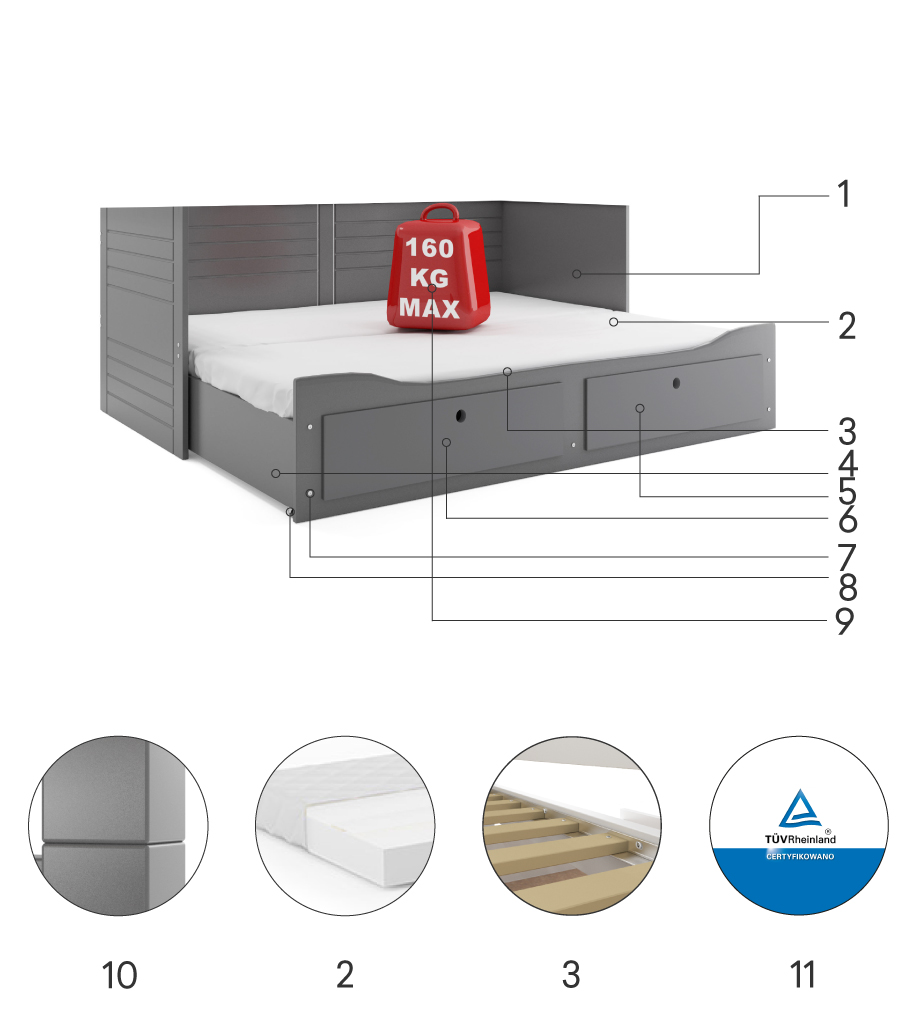 Komponenty pre dvojitú rozkladaciu detskú posteľ HERMES 80X200 s matracom a zásuvkou, grafit