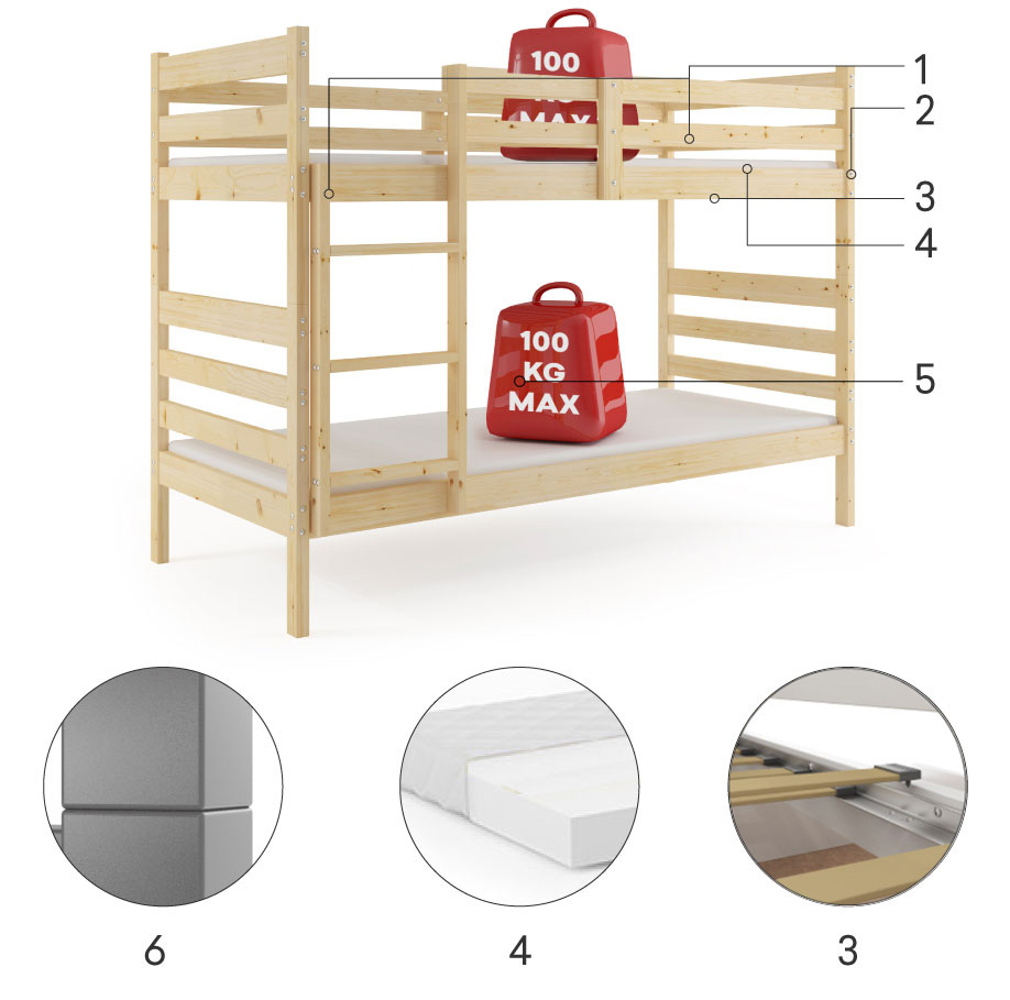 Komponenty na poschodovú posteľ pre mládež ERYK 90X190 s matracom, prírodné drevo