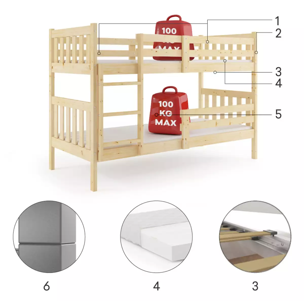 Poschodová posteľ Kacper pre tínedžerov 90X190, Components borovica
