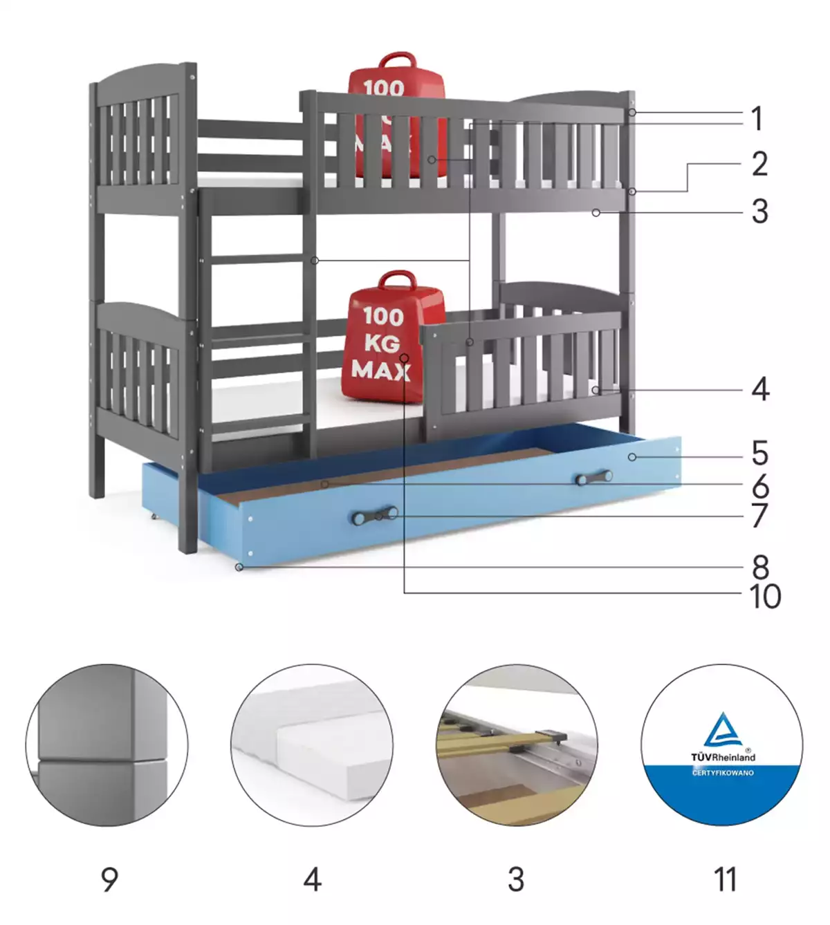 Komponenty pre poschodovú posteľ pre mládež KUBUŚ 80X190 s matracom a zásuvkou, grafit/modrá Komponenty pre poschodovú posteľ pre mládež KUBUŚ 80X190 s matracom a zásuvkou, grafit/modrá