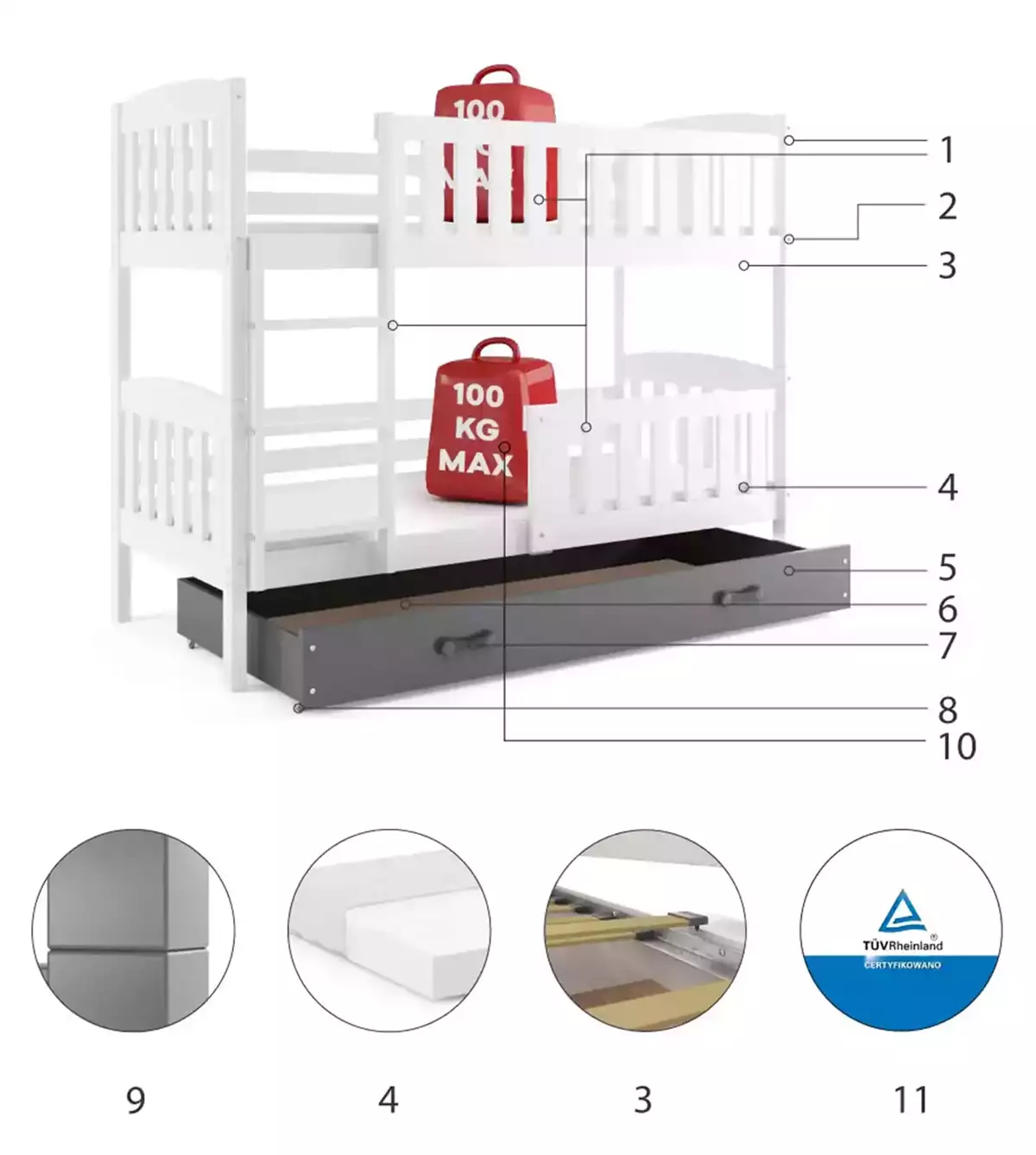 Komponenty pre poschodovú posteľ pre mládež KUBUŚ 80X190 so zásuvkou, biela/grafit