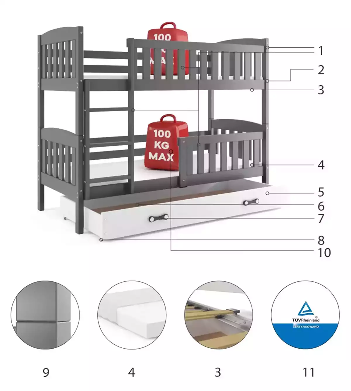Komponenty pre poschodovú posteľ pre mládež KUBUŚ 80X190 so zásuvkou, grafit/biela Komponenty pre poschodovú posteľ pre mládež KUBUŚ 80X190 so zásuvkou, grafit/biela