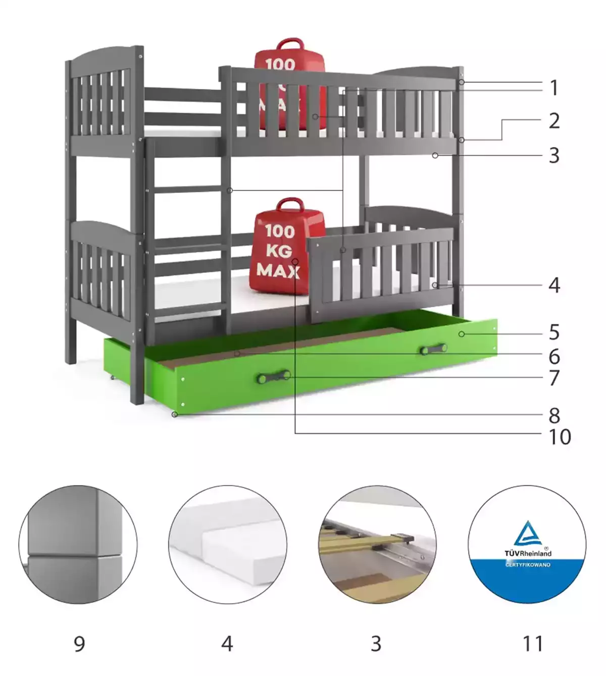 Komponenty na poschodovú posteľ pre mládež KUBUŚ 80X190 so zásuvkou, grafit/zelená