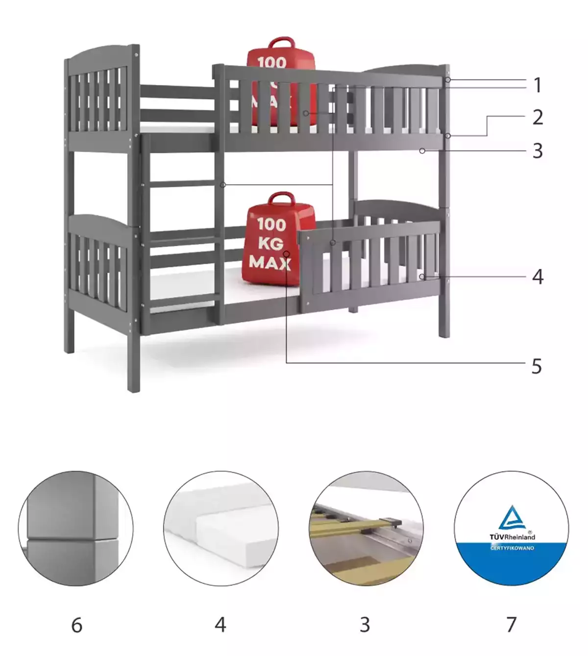 Komponenty na poschodovú posteľ pre mládež KUBUŚ 90X200, grafit