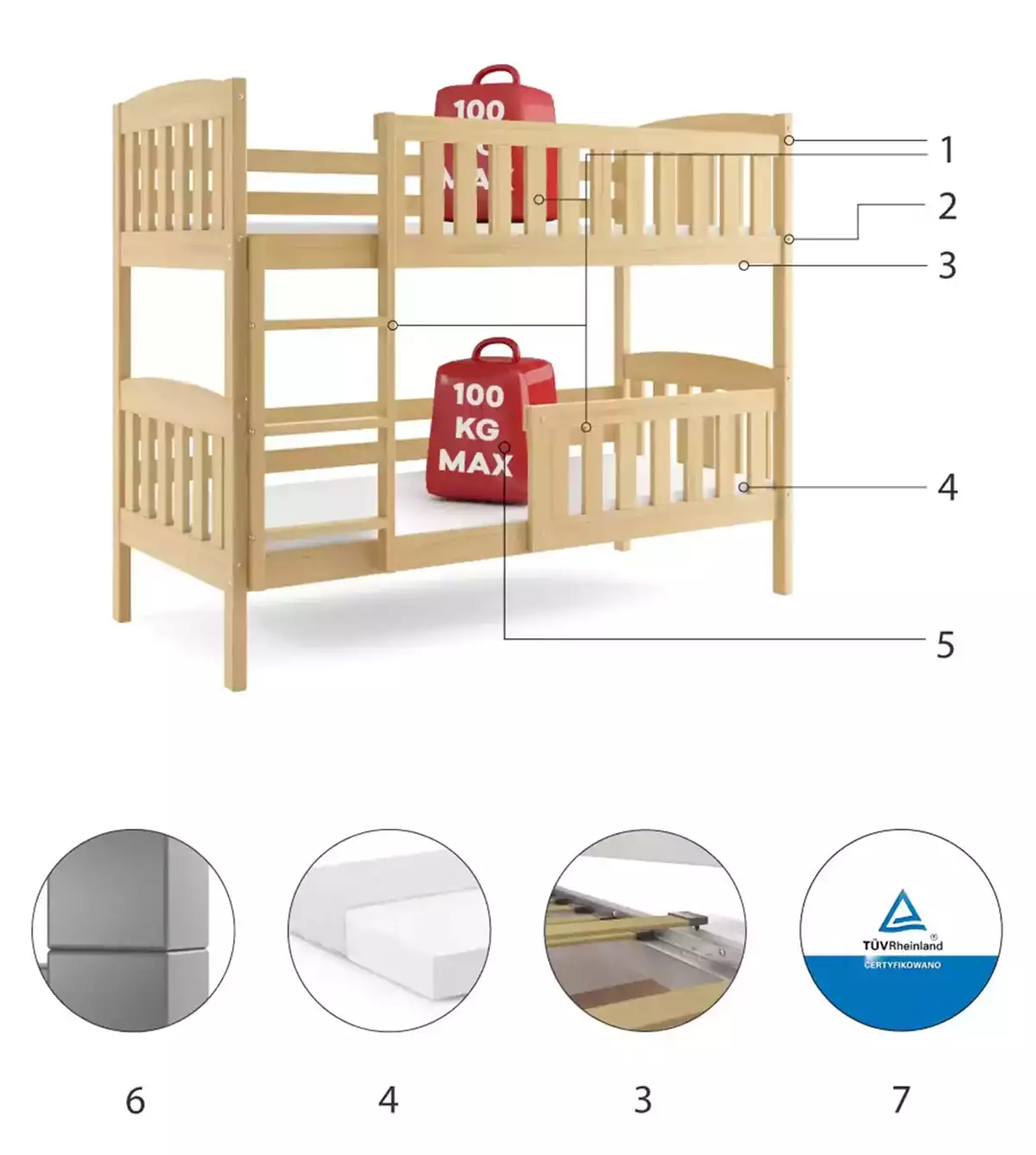 Komponenty pre mládež poschodová posteľ KUBUŚ 90X200, borovica